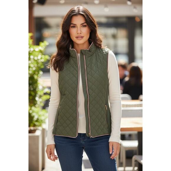 miami Jackets & Blazers - Miami Olive Green Quilted Puffer Vest Pink Trim Zip Front Women’s Medium